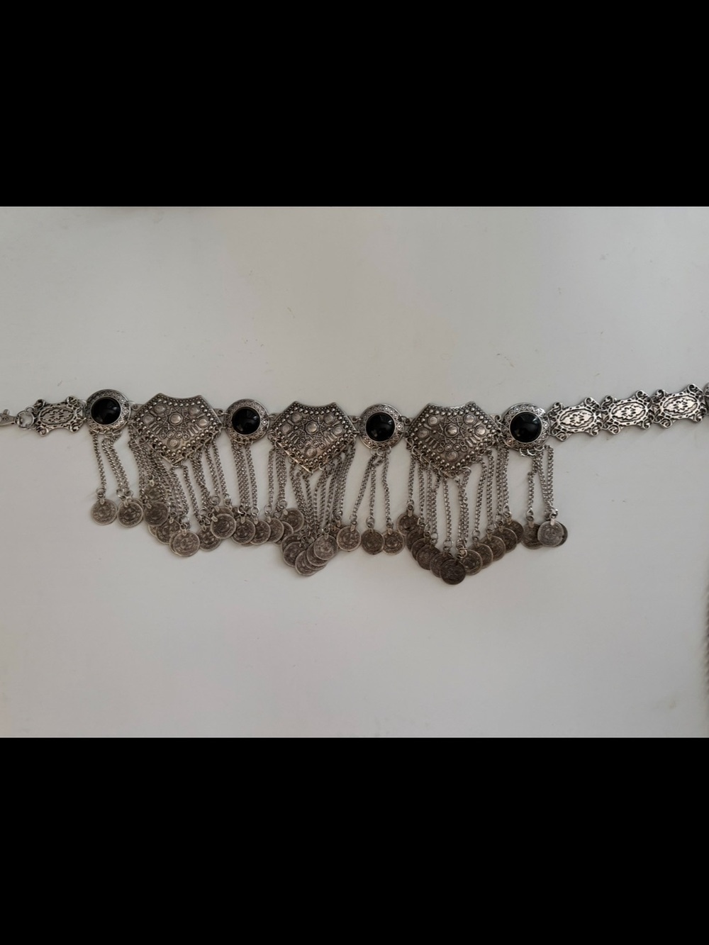 Bohemian Silver-Tone Coin Fringe Waist Chain Belt with Black Accents